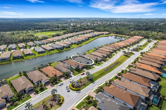 birds eye view of property with a water view and a residential view