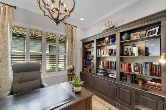 home office featuring an inviting chandelier, crown molding, and recessed lighting