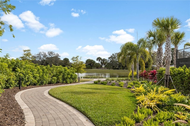 view of home's community with a yard and a water view