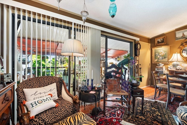 interior space with vaulted ceiling, a textured ceiling, and tile patterned floors