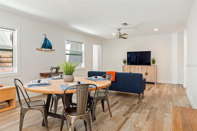 dining space featuring recessed lighting, visible vents, ceiling fan, light wood-type flooring, and baseboards