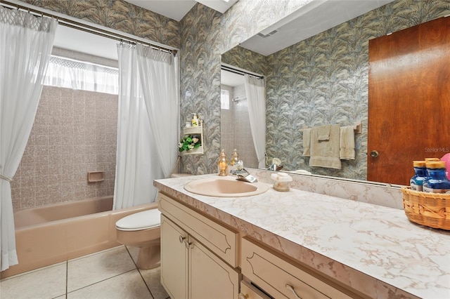 full bath with wallpapered walls, toilet, shower / tub combo with curtain, tile patterned floors, and vanity