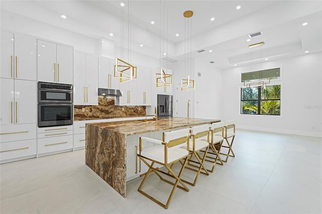 kitchen featuring tasteful backsplash, appliances with stainless steel finishes, white cabinets, modern cabinets, and a large island with sink