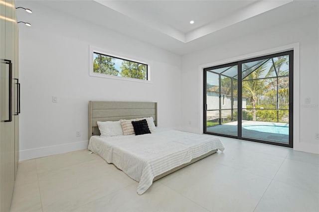 bedroom featuring access to outside, light tile patterned floors, baseboards, and recessed lighting