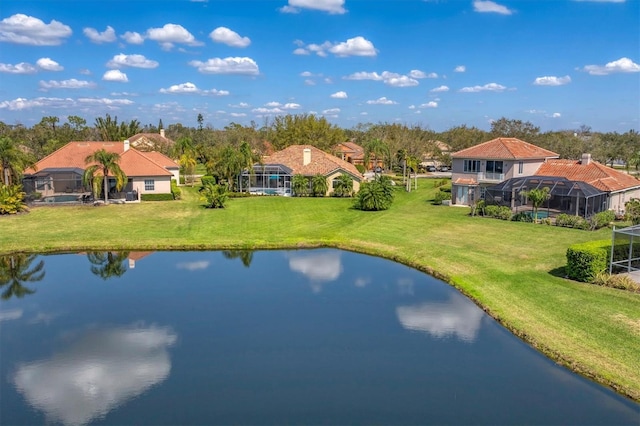 bird's eye view with a water view