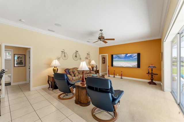 living area featuring ornamental molding, visible vents, and light tile patterned floors