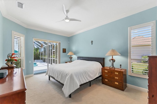 bedroom featuring carpet floors, crown molding, visible vents, access to outside, and baseboards