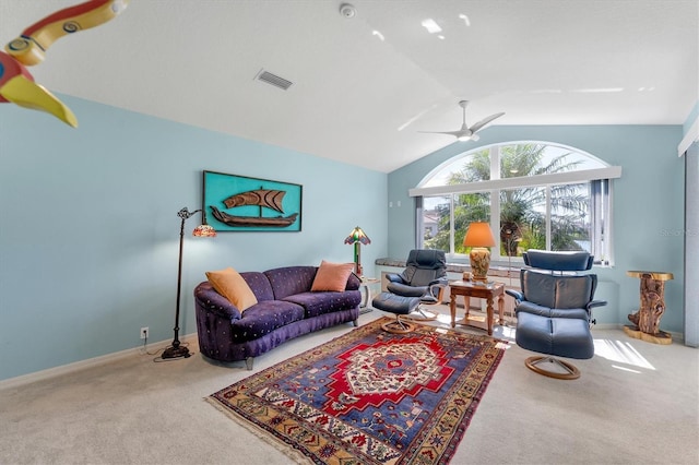 carpeted living area with a ceiling fan, lofted ceiling, visible vents, and baseboards