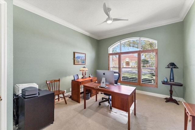 office space with light carpet, crown molding, and baseboards