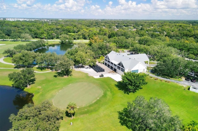 bird's eye view with a water view and a forest view