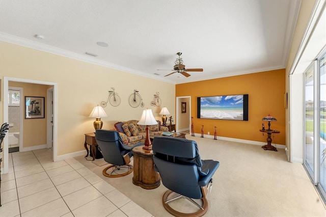 9612 Old Hyde Park Pl, Bradenton, FL 34202 - living area with crown molding, baseboards, and a ceiling fan
