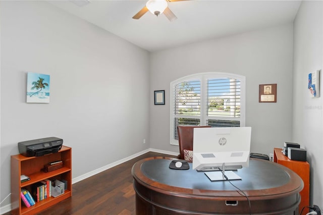 office with dark wood-type flooring, ceiling fan, and baseboards