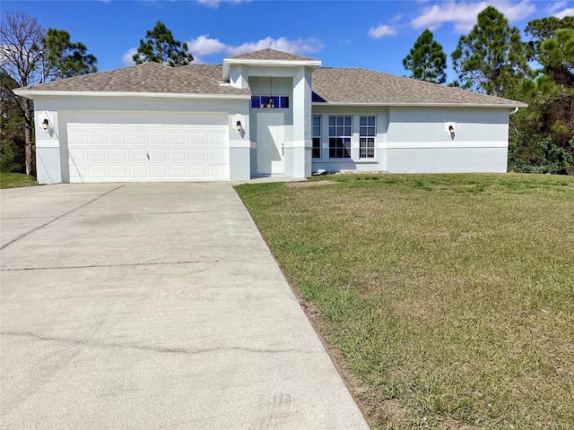 single story home featuring roof with shingles, stucco siding, concrete driveway, a front yard, and a garage