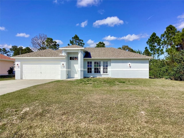 single story home with a shingled roof, concrete driveway, an attached garage, a front lawn, and stucco siding