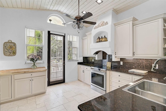 kitchen with open shelves, wood ceiling, a sink, and electric stove