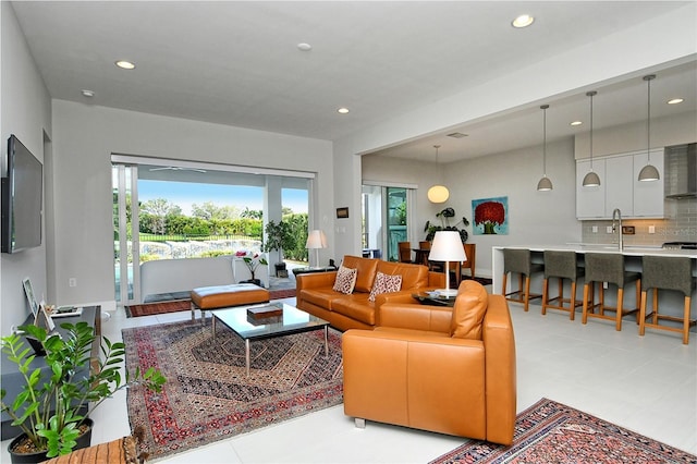 living room with recessed lighting