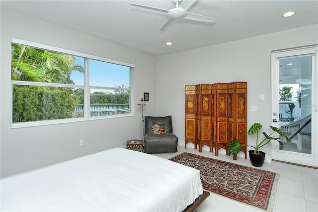 bedroom with recessed lighting and ceiling fan