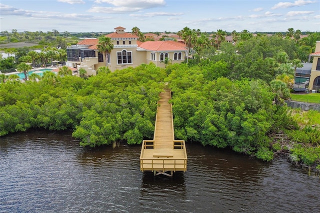 drone / aerial view featuring a water view