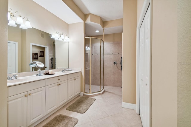 bathroom featuring a sink, visible vents, a stall shower, and tile patterned floors