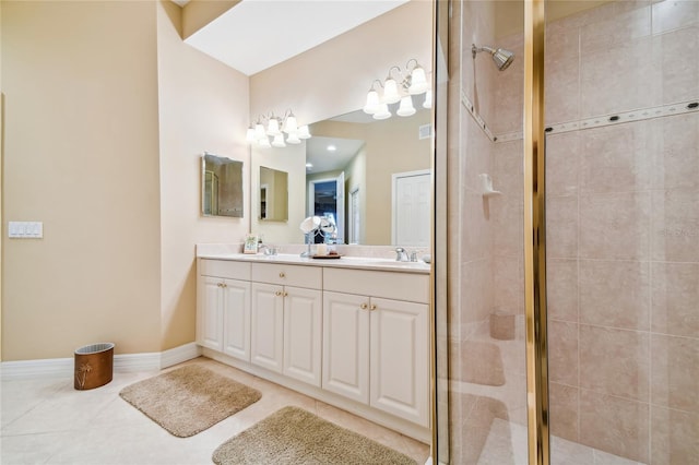 bathroom featuring a sink, double vanity, and a shower stall