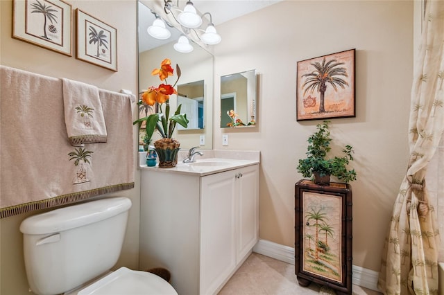 full bath with tile patterned flooring, baseboards, toilet, an inviting chandelier, and vanity