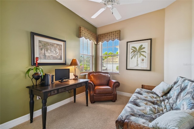 office with baseboards, ceiling fan, and carpet flooring