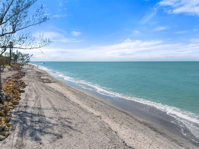 view of water feature with a beach view