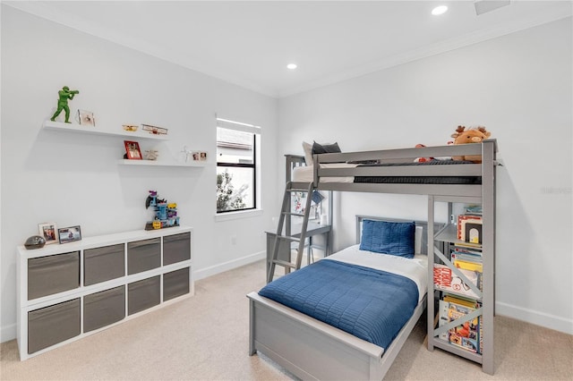 carpeted bedroom with ornamental molding, recessed lighting, and baseboards