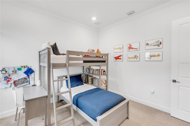 carpeted bedroom with ornamental molding, recessed lighting, visible vents, and baseboards