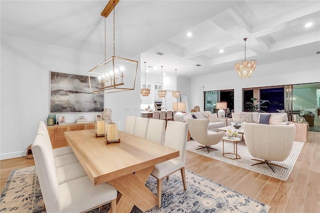 dining area featuring light wood-style flooring, coffered ceiling, beamed ceiling, and recessed lighting