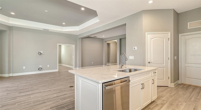 kitchen featuring wood finish floors, a raised ceiling, a sink, and stainless steel dishwasher