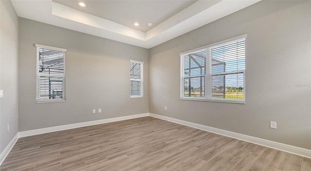 spare room with a healthy amount of sunlight, a raised ceiling, light wood-style flooring, and baseboards