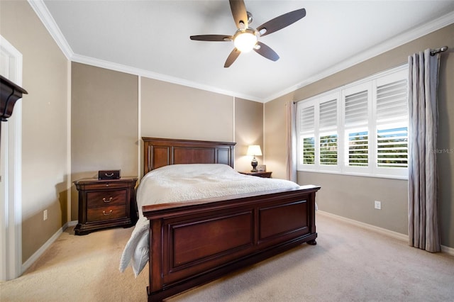 bedroom with light carpet, baseboards, ornamental molding, and ceiling fan