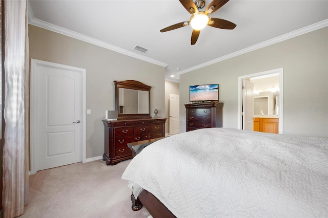 bedroom featuring crown molding, ceiling fan, visible vents, and light colored carpet