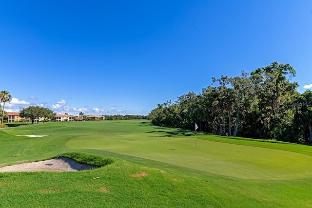 view of community with view of golf course and a yard