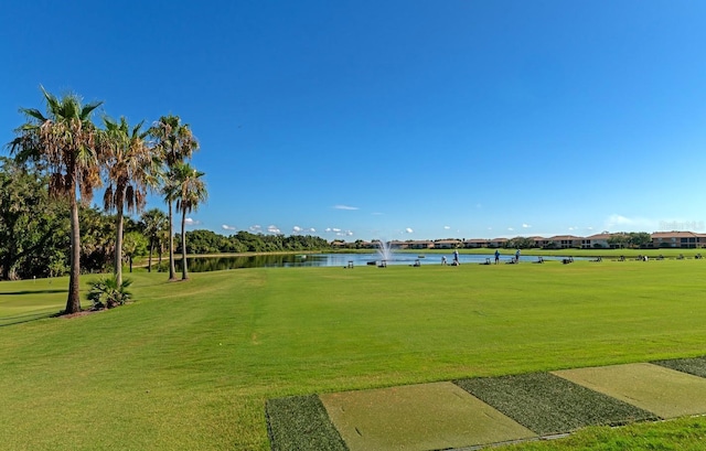 view of property's community featuring a water view and a lawn