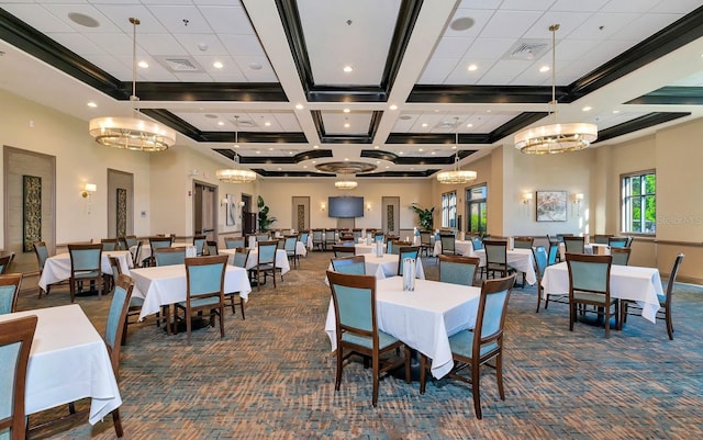 dining space featuring carpet, a high ceiling, visible vents, and beamed ceiling