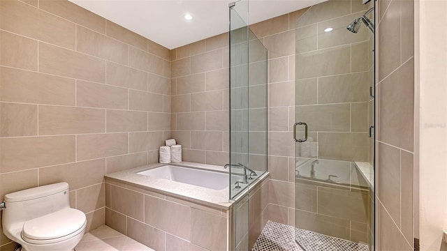 full bathroom featuring a shower stall, toilet, and a bath