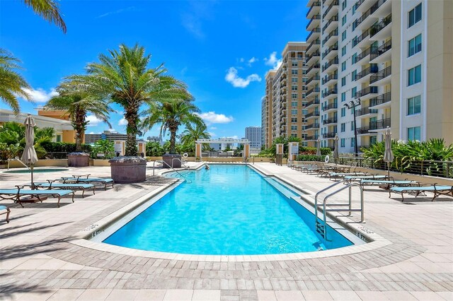 community pool with a patio and a pergola