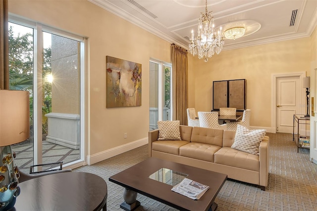 carpeted living room with visible vents, crown molding, and baseboards