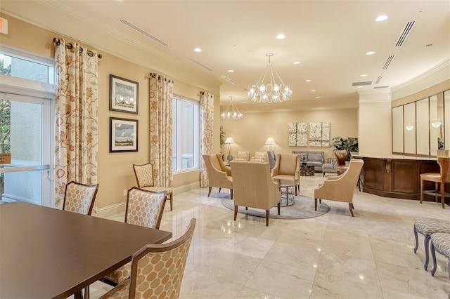 interior space with a chandelier, visible vents, crown molding, and baseboards