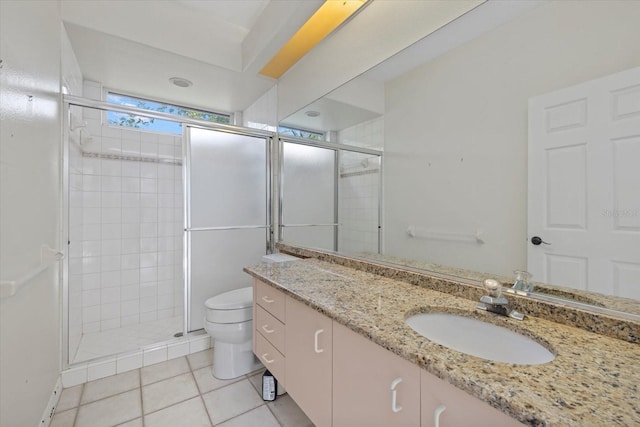 bathroom featuring a stall shower, tile patterned flooring, vanity, and toilet