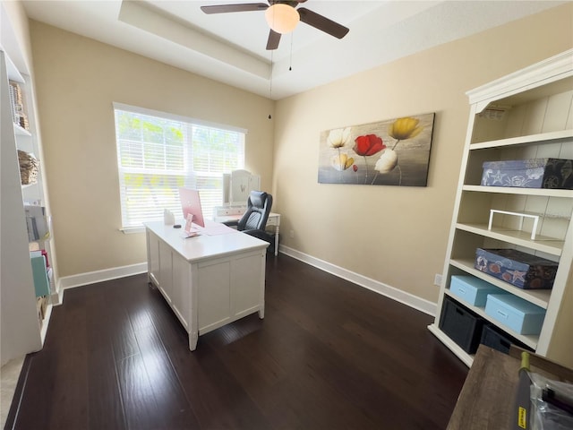 office space featuring dark wood-type flooring, a tray ceiling, and baseboards