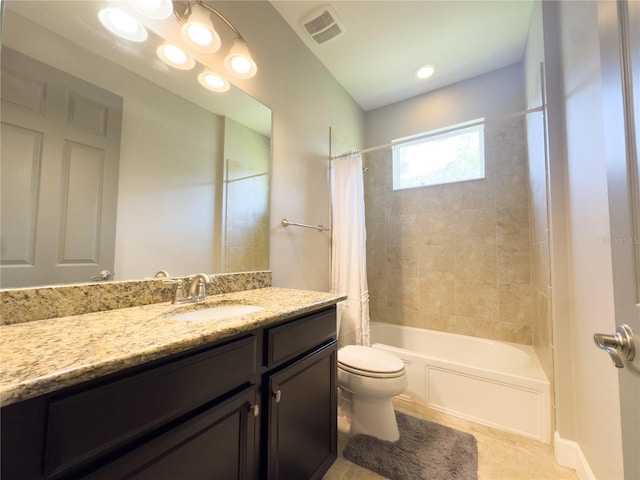 full bath with visible vents, toilet, tile patterned floors, shower / bath combination with curtain, and vanity