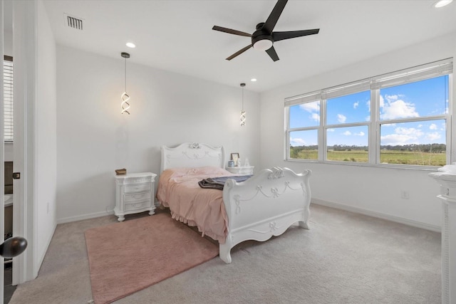 bedroom with recessed lighting, light colored carpet, visible vents, ceiling fan, and baseboards