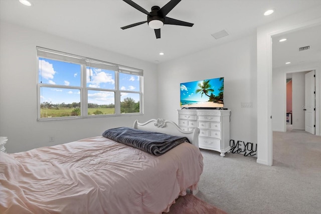 bedroom with ceiling fan, carpet, visible vents, and recessed lighting