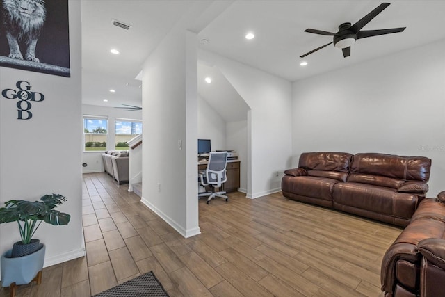 living room with visible vents, a ceiling fan, wood finished floors, and recessed lighting