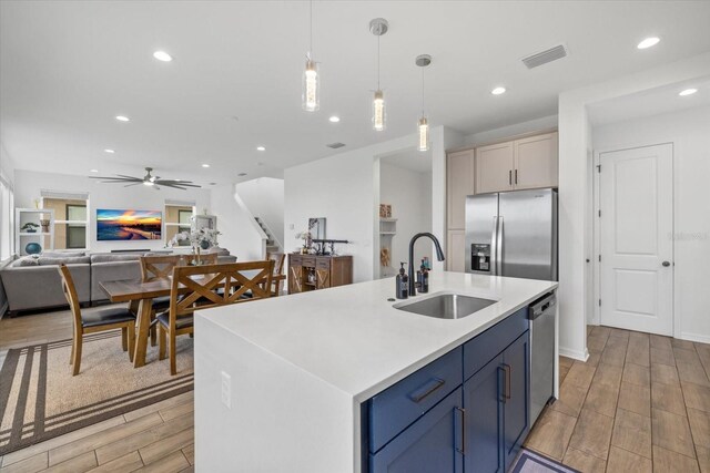 kitchen with visible vents, ceiling fan, light countertops, a sink, and stainless steel appliances