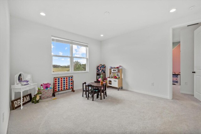 rec room featuring recessed lighting, carpet, baseboards, and visible vents