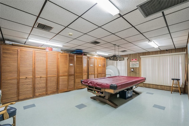 recreation room with visible vents, a drop ceiling, and pool table